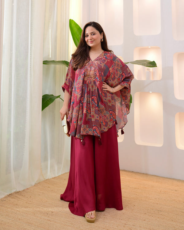 Maroon Muse Handwork Kaftan Crepe Sharara Set