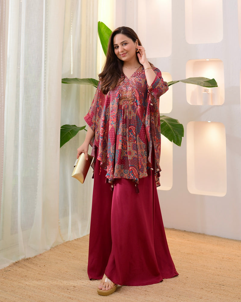 Maroon Muse Handwork Kaftan Crepe Sharara Set