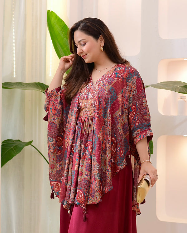 Maroon Muse Handwork Kaftan Crepe Sharara Set