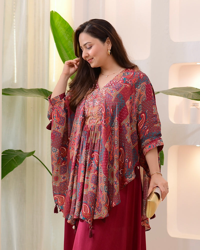 Maroon Muse Handwork Kaftan Crepe Sharara Set