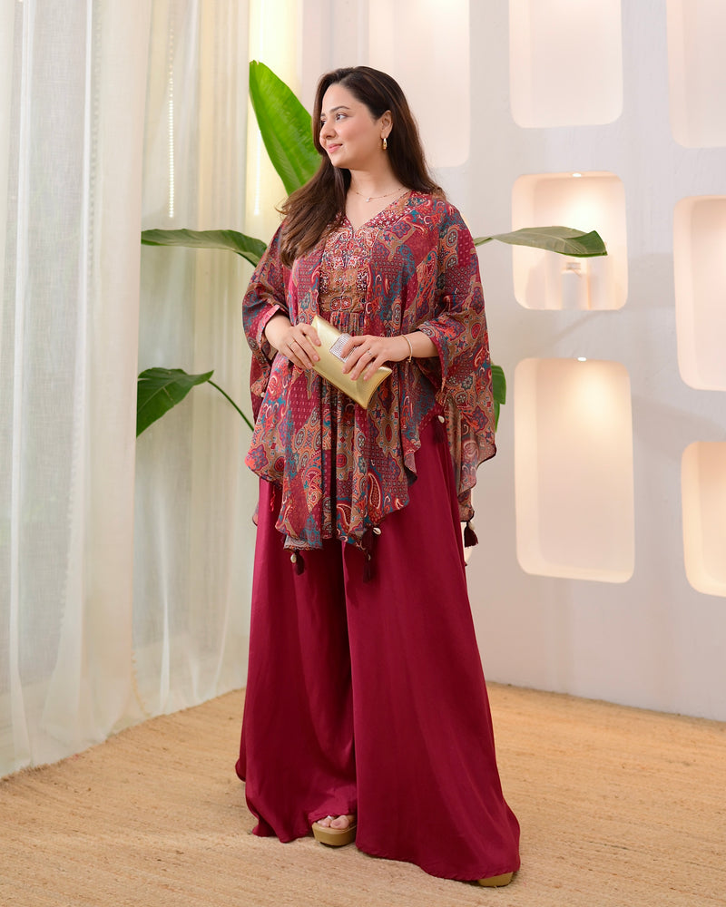 Maroon Muse Handwork Kaftan Crepe Sharara Set