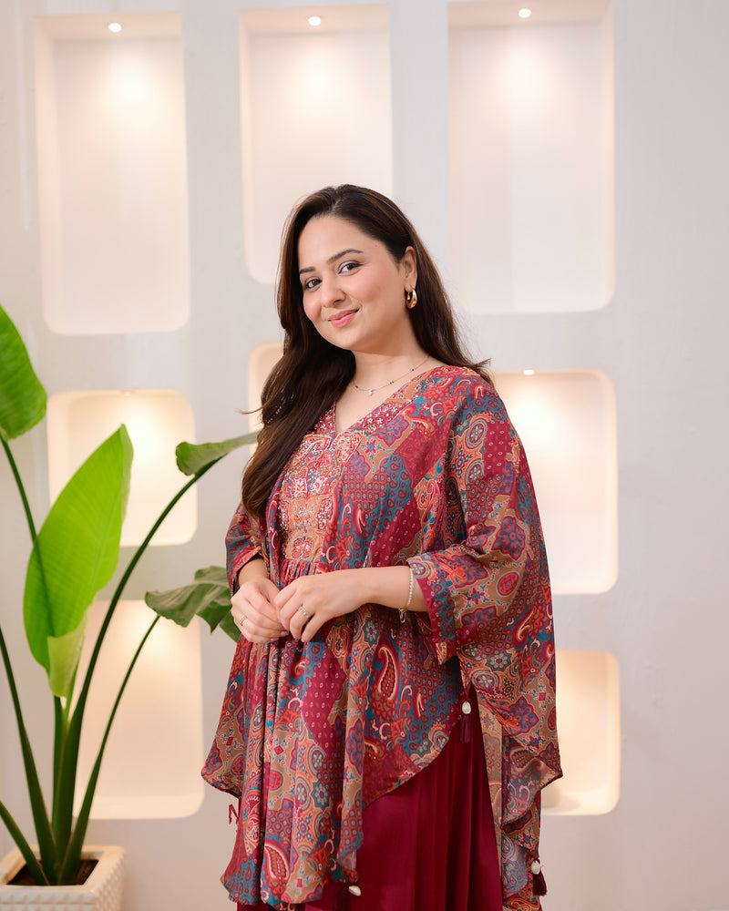 Maroon Muse Handwork Kaftan Crepe Sharara Set