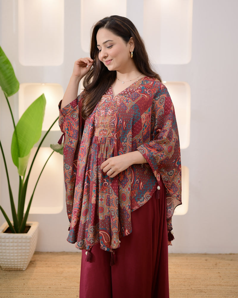 Maroon Muse Handwork Kaftan Crepe Sharara Set