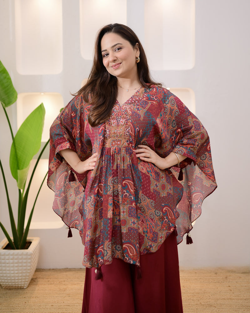 Maroon Muse Handwork Kaftan Crepe Sharara Set