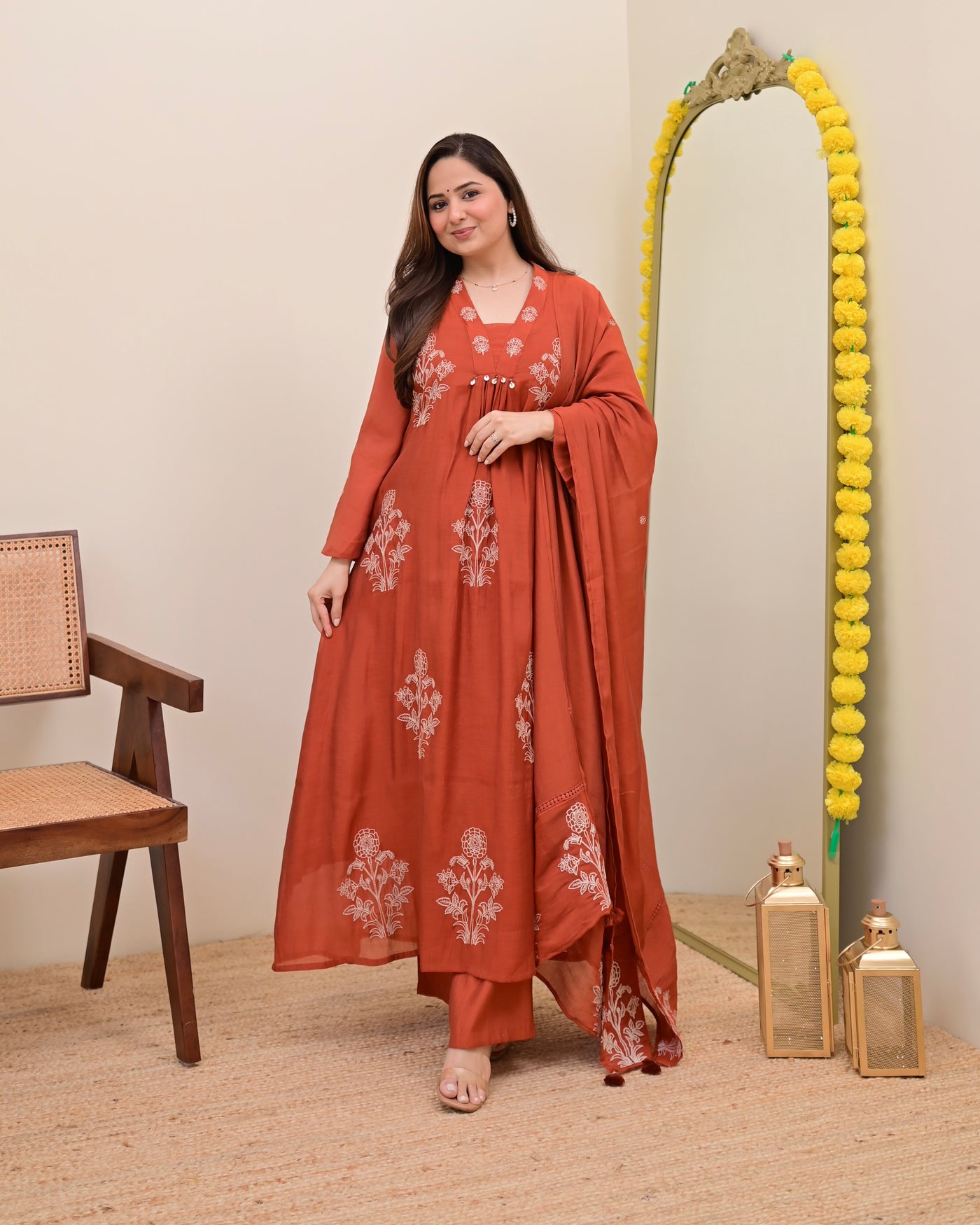 Rust Reverie Threadwork Mul Chanderi A Line Suit