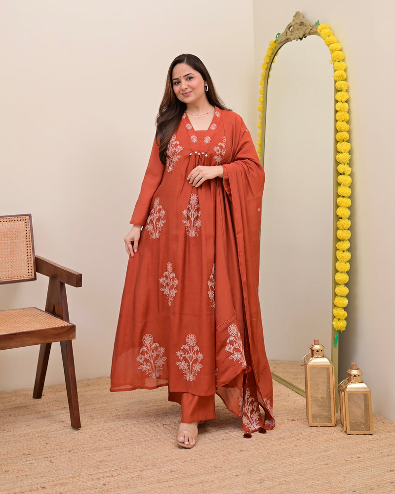 Rust Reverie Threadwork Mul Chanderi A Line Suit