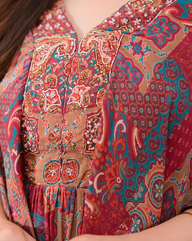 Maroon Muse Handwork Kaftan Crepe Sharara Set