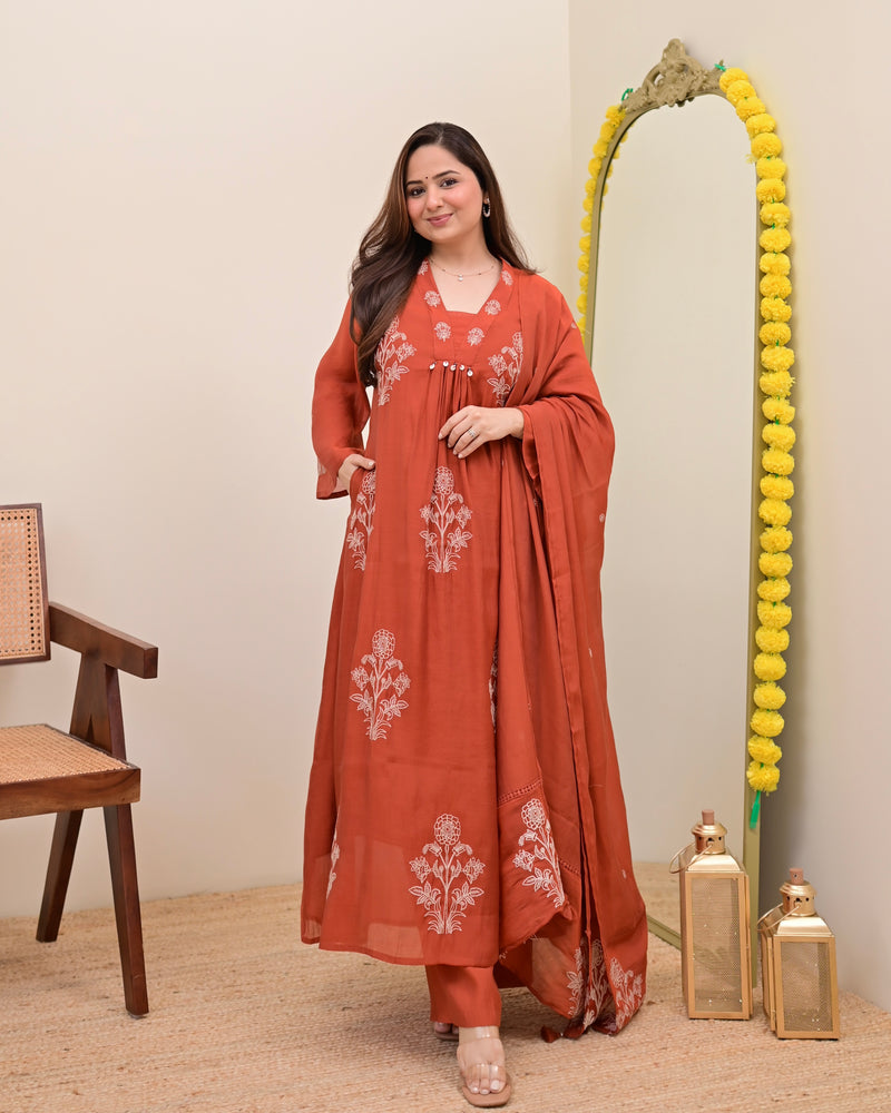 Rust Reverie Threadwork Mul Chanderi A Line Suit