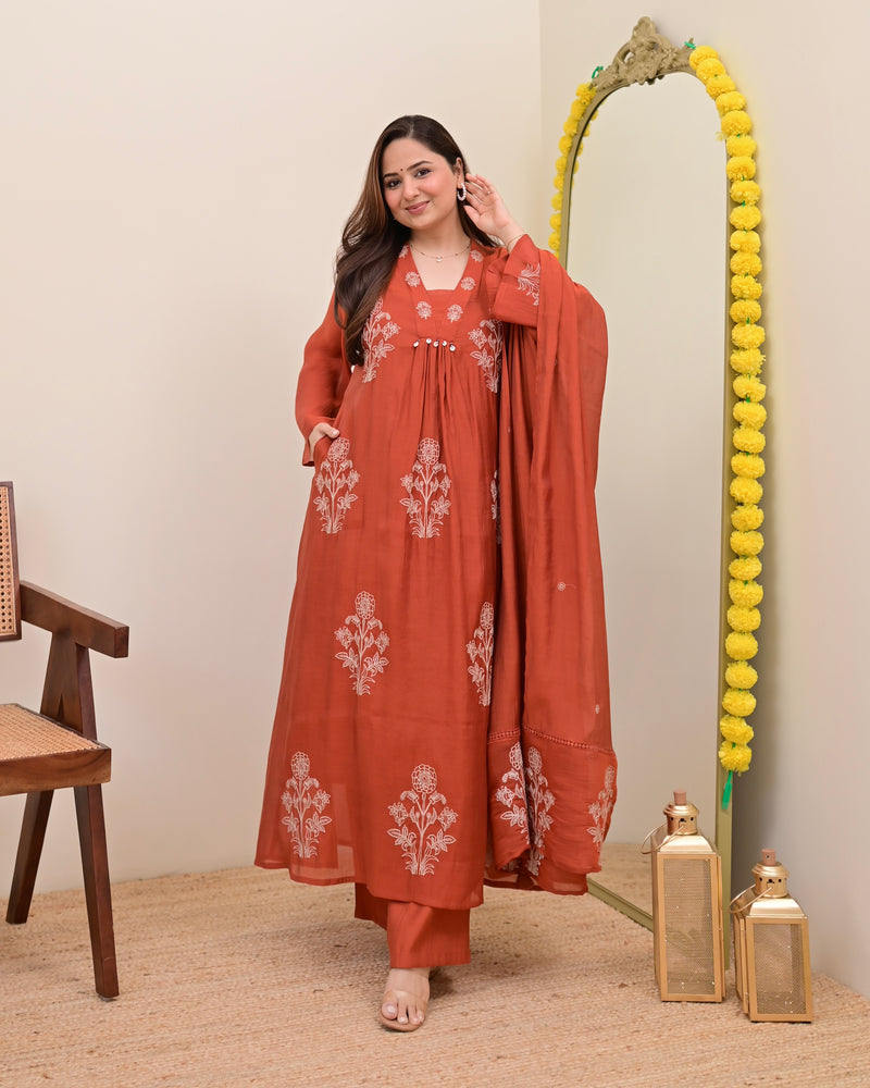 Rust Reverie Threadwork Mul Chanderi A Line Suit