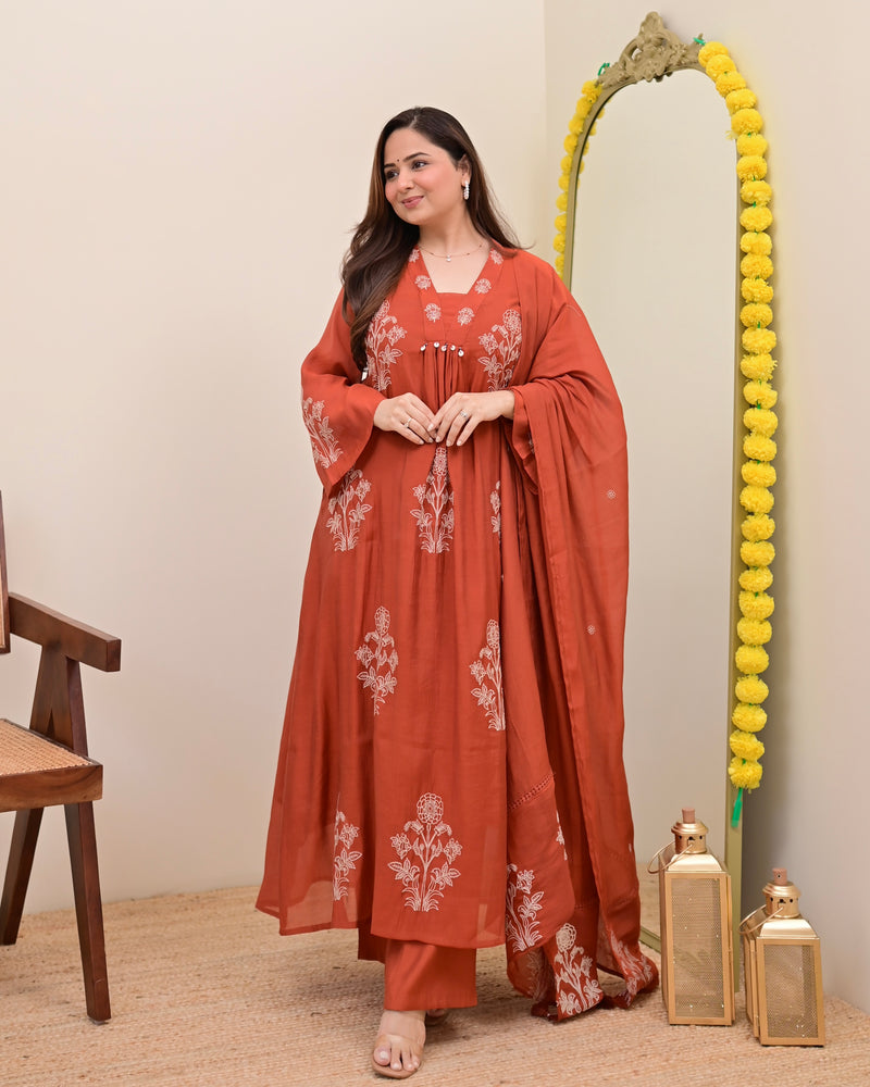 Rust Reverie Threadwork Mul Chanderi A Line Suit