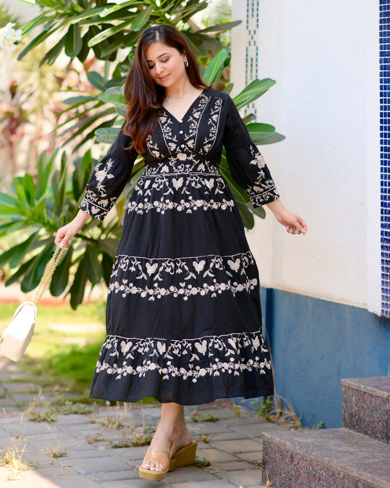 Black Brown Ruffle Threadwork Premium Cotton Dress