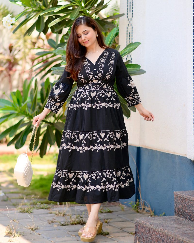Black Brown Ruffle Threadwork Premium Cotton Dress