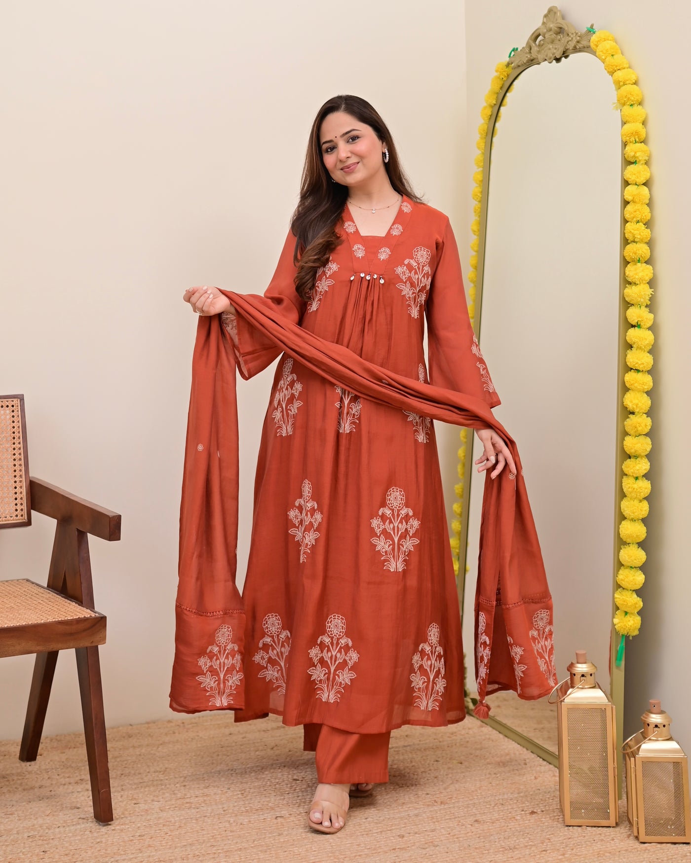 Rust Reverie Threadwork Mul Chanderi A Line Suit