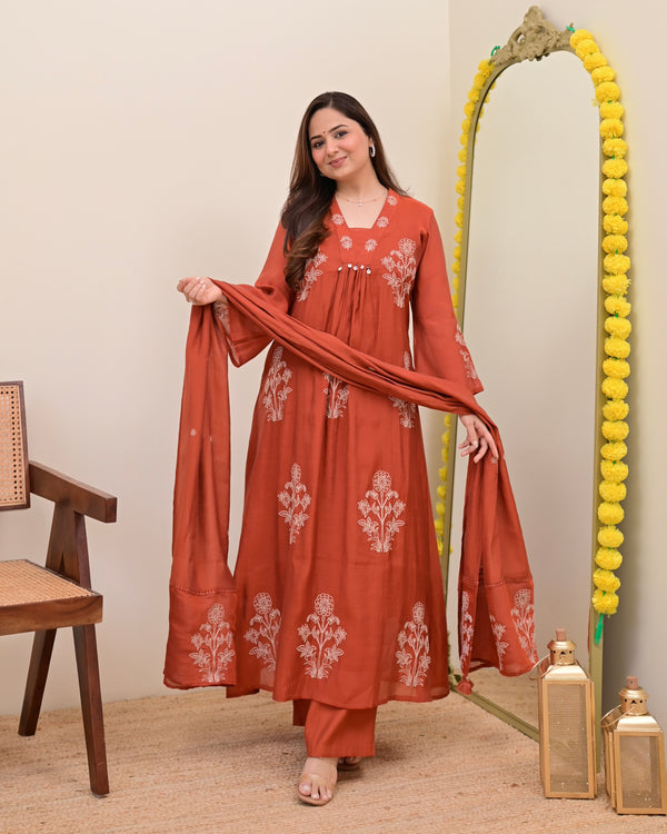 Rust Reverie Threadwork Mul Chanderi A Line Suit