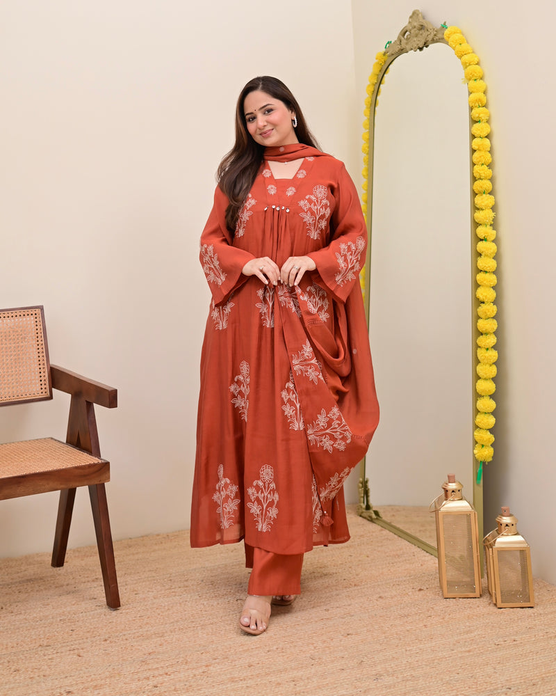 Rust Reverie Threadwork Mul Chanderi A Line Suit