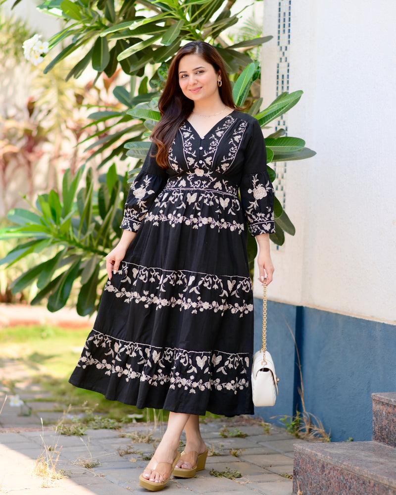 Black Brown Ruffle Threadwork Premium Cotton Dress