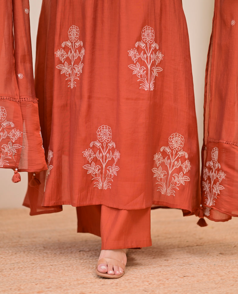 Rust Reverie Threadwork Mul Chanderi A Line Suit