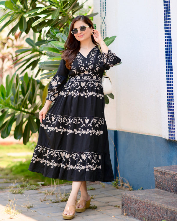 Black Brown Ruffle Threadwork Premium Cotton Dress