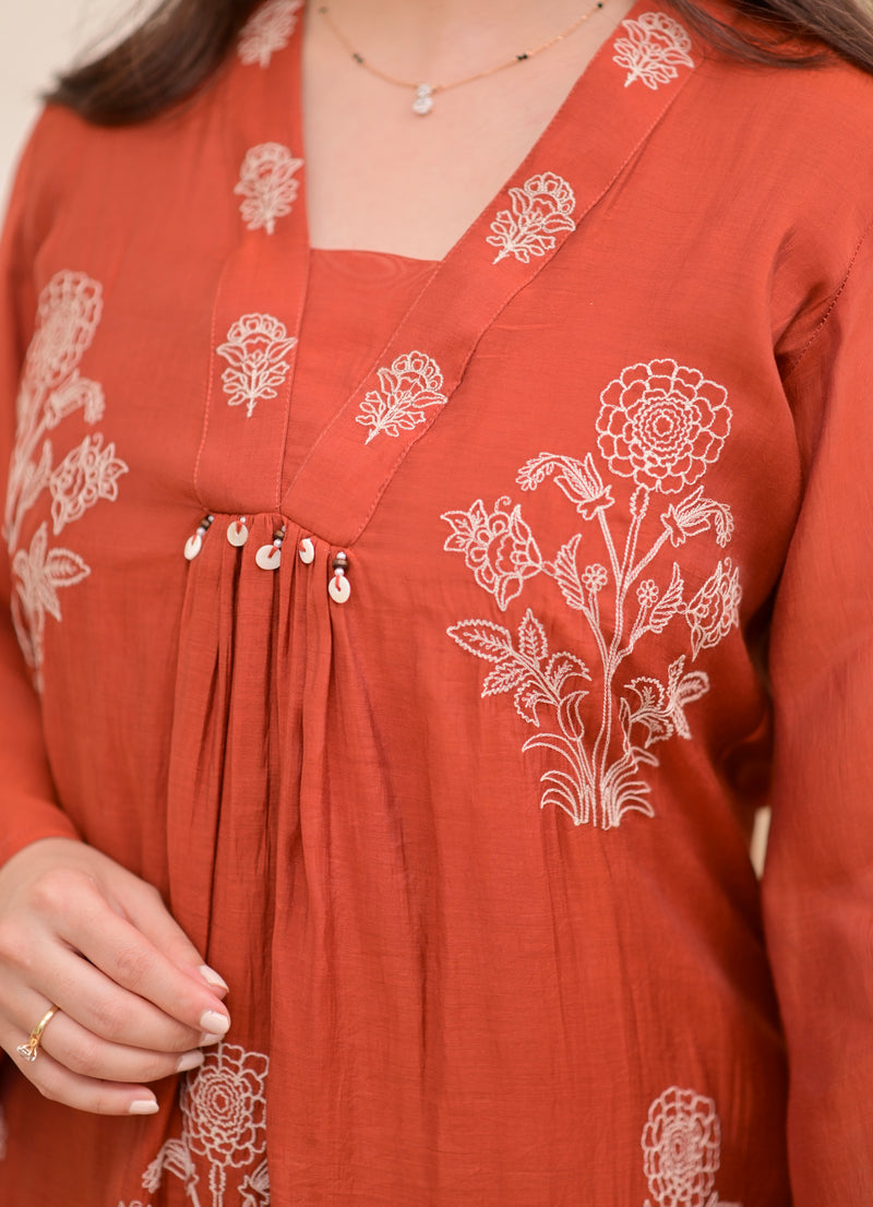 Rust Reverie Threadwork Mul Chanderi A Line Suit
