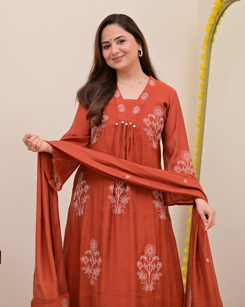 Rust Reverie Threadwork Mul Chanderi A Line Suit