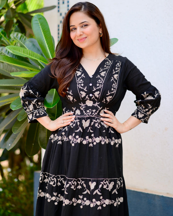 Black Brown Ruffle Threadwork Premium Cotton Dress