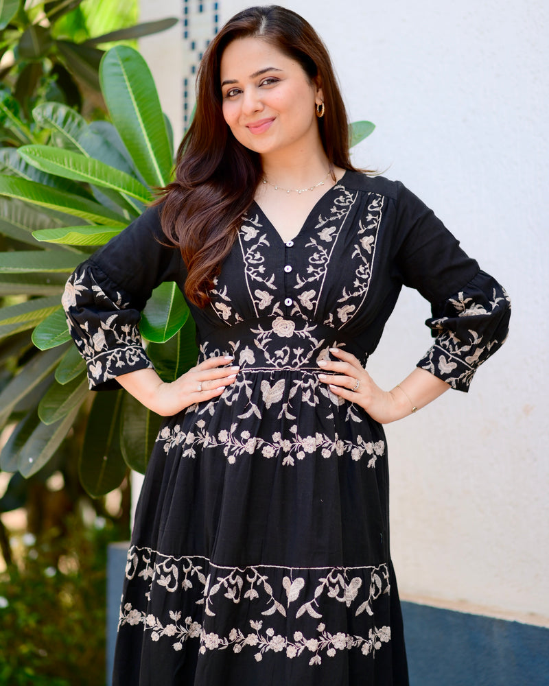 Black Brown Ruffle Threadwork Premium Cotton Dress