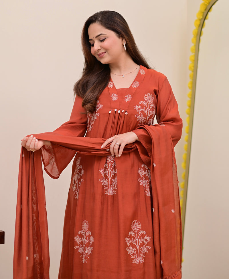 Rust Reverie Threadwork Mul Chanderi A Line Suit