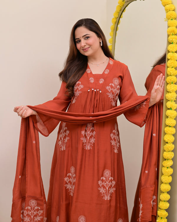 Rust Reverie Threadwork Mul Chanderi A Line Suit