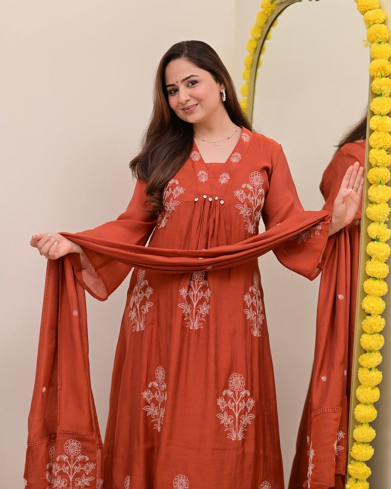 Rust Reverie Threadwork Mul Chanderi A Line Suit