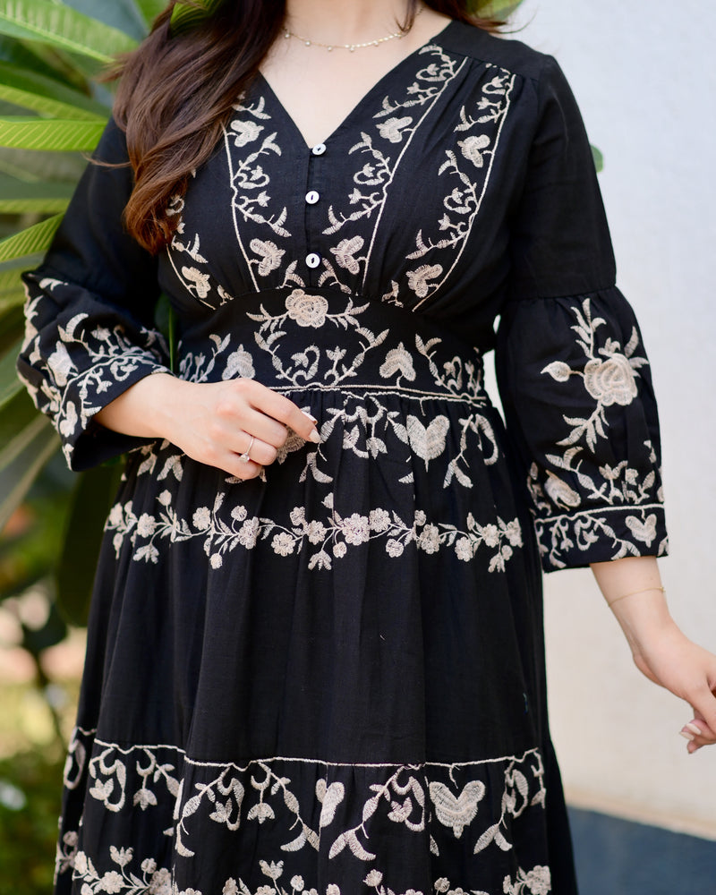 Black Brown Ruffle Threadwork Premium Cotton Dress