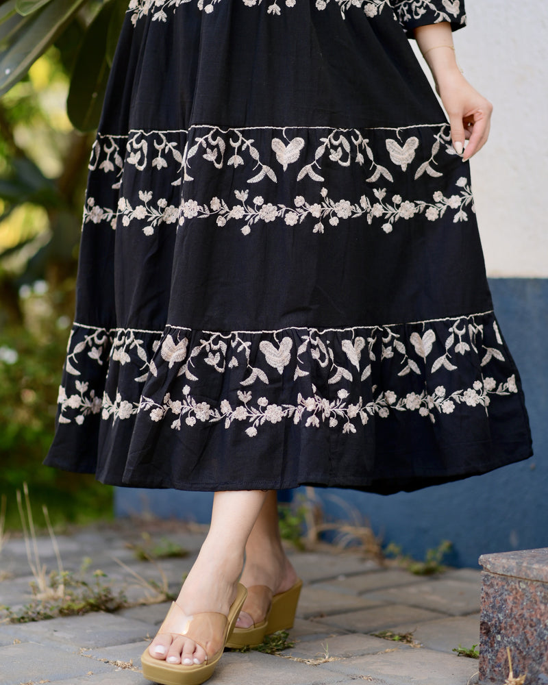 Black Brown Ruffle Threadwork Premium Cotton Dress