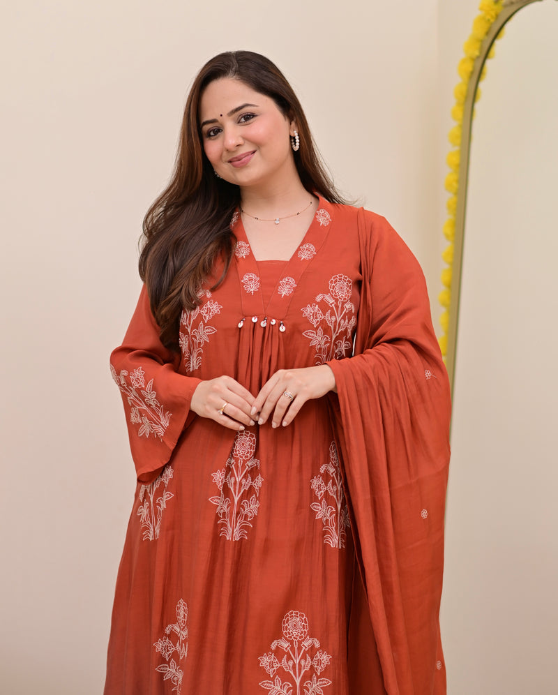 Rust Reverie Threadwork Mul Chanderi A Line Suit