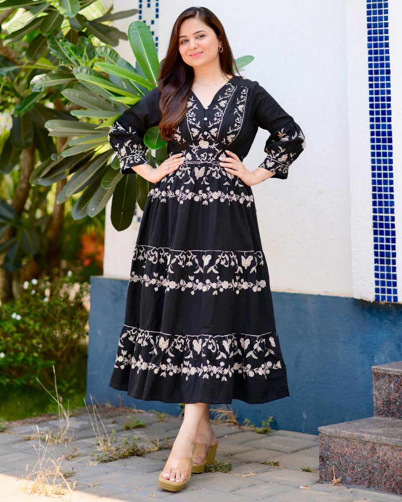 Black Brown Ruffle Threadwork Premium Cotton Dress