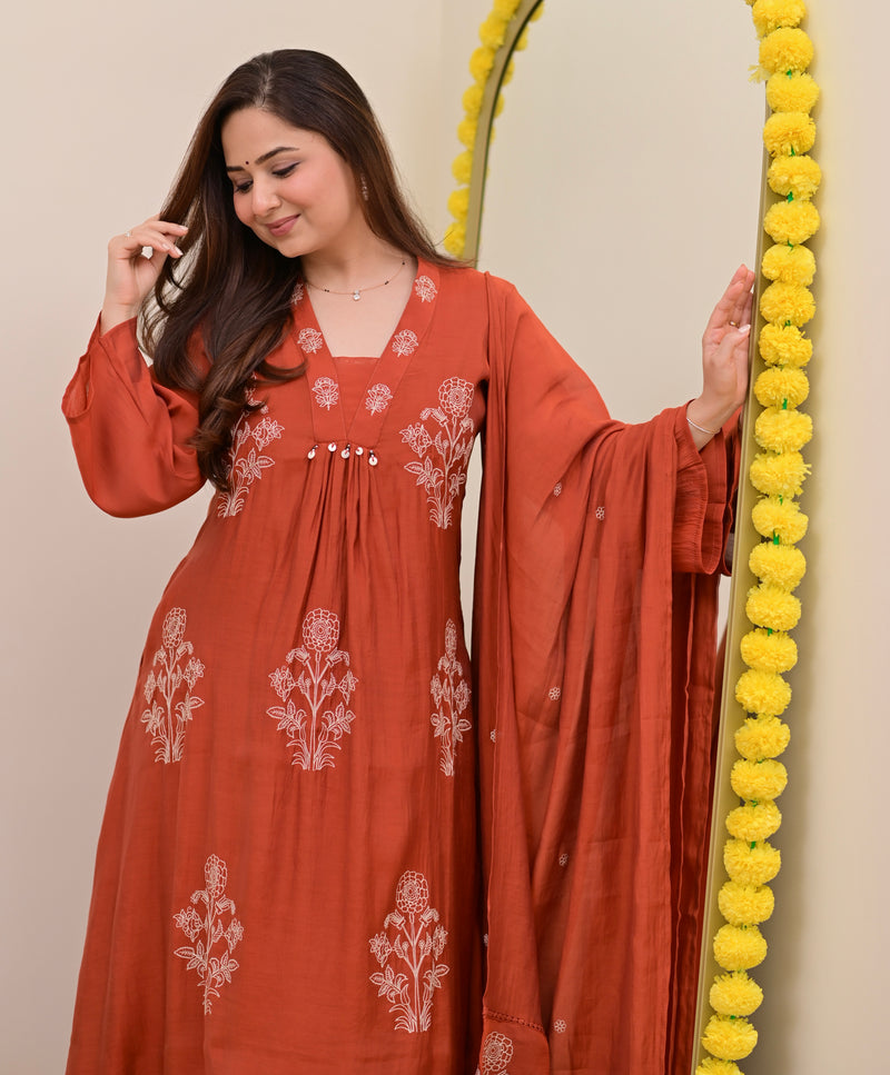 Rust Reverie Threadwork Mul Chanderi A Line Suit