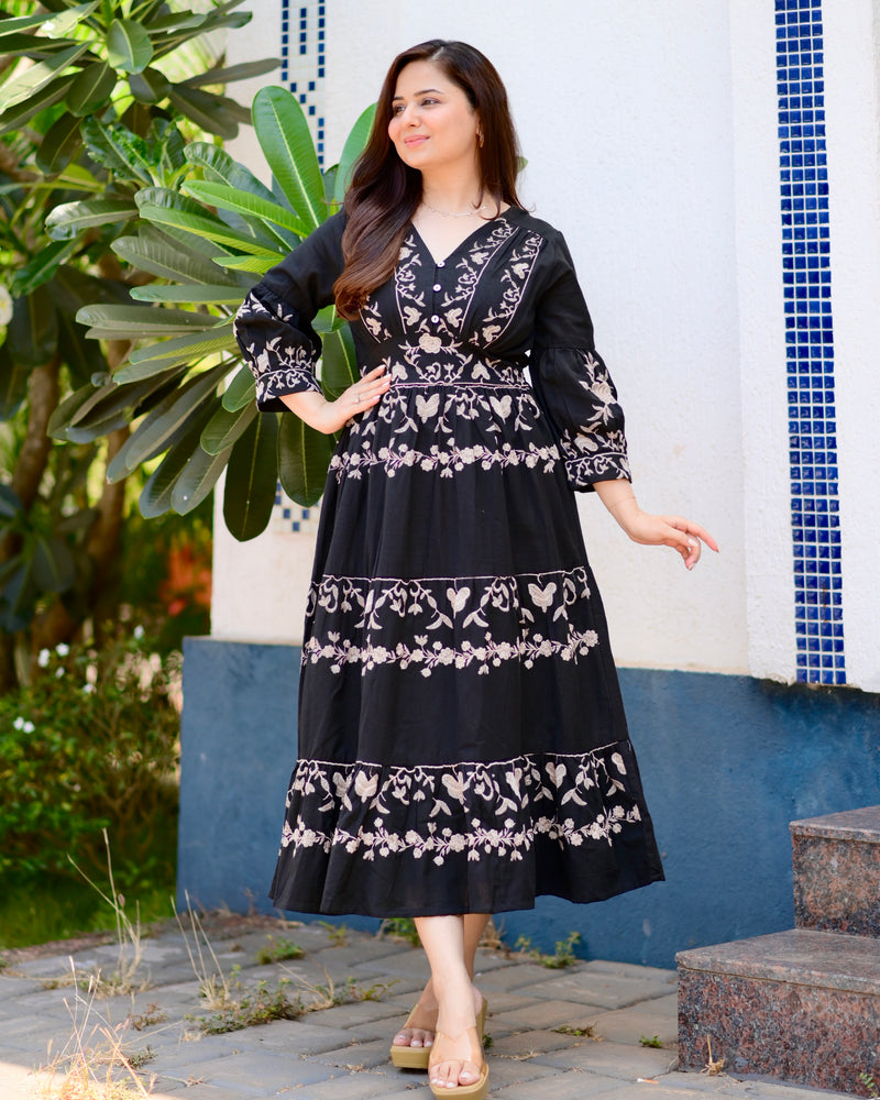 Black Brown Ruffle Threadwork Premium Cotton Dress