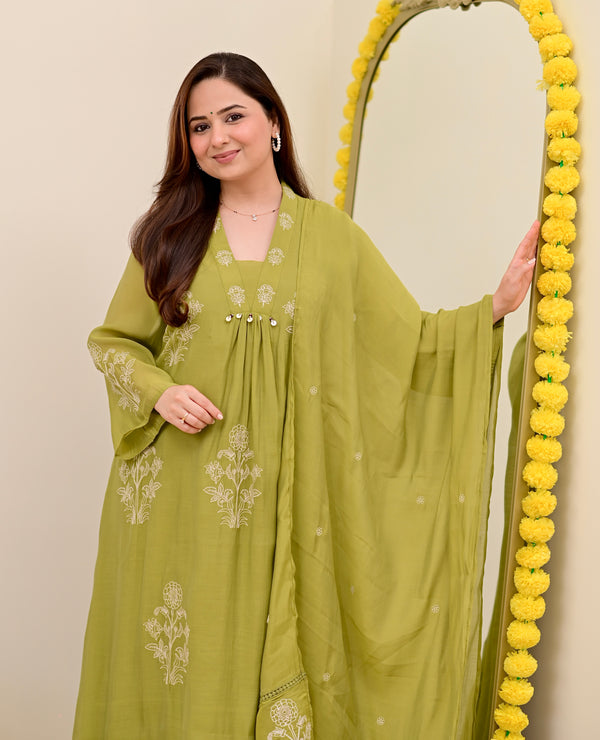 Olive Bloom Threadwork Mul Chanderi A Line Suit