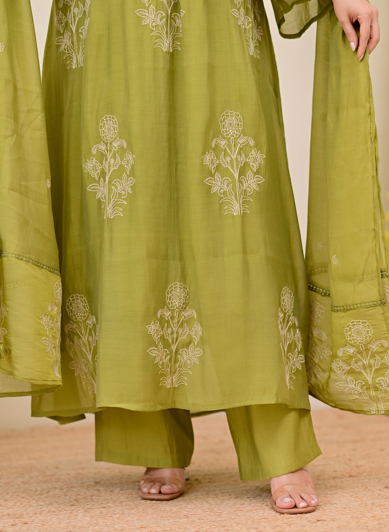 Olive Bloom Threadwork Mul Chanderi A Line Suit