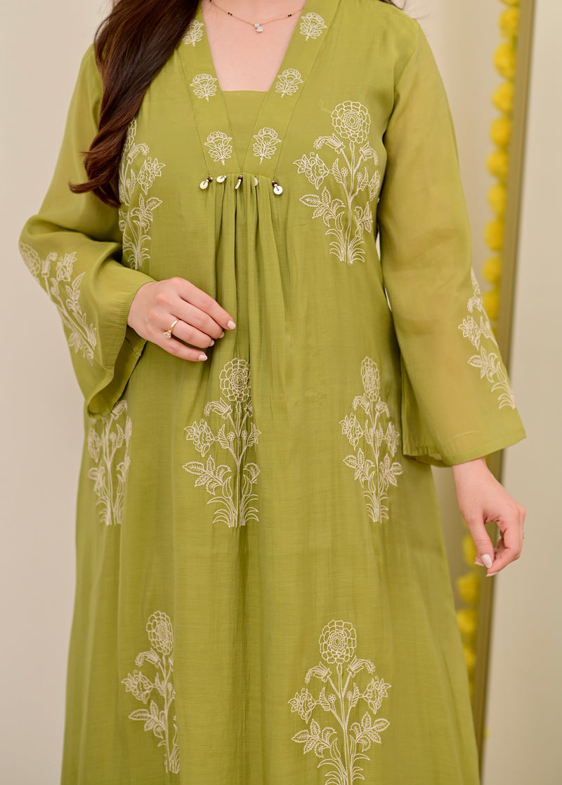 Olive Bloom Threadwork Mul Chanderi A Line Suit