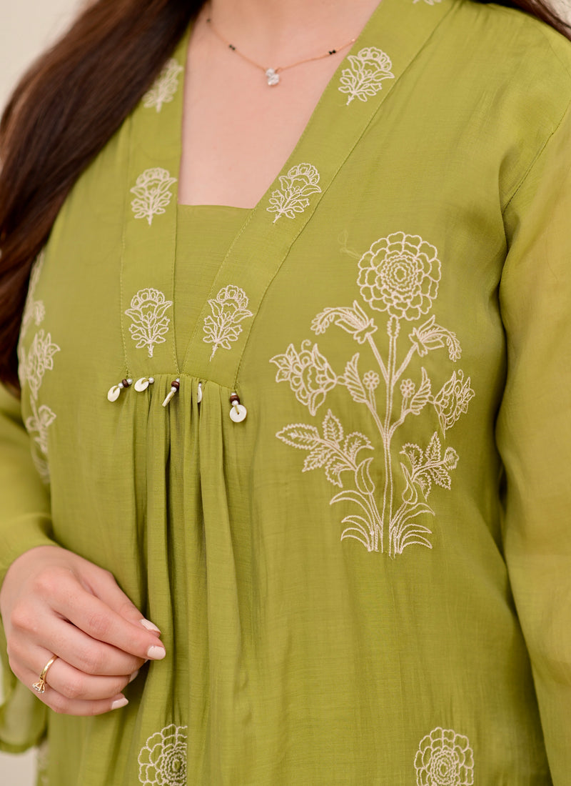 Olive Bloom Threadwork Mul Chanderi A Line Suit
