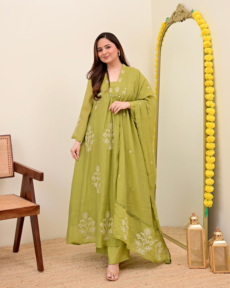 Olive Bloom Threadwork Mul Chanderi A Line Suit