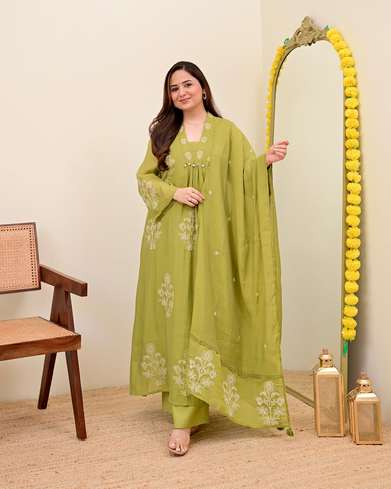 Olive Bloom Threadwork Mul Chanderi A Line Suit