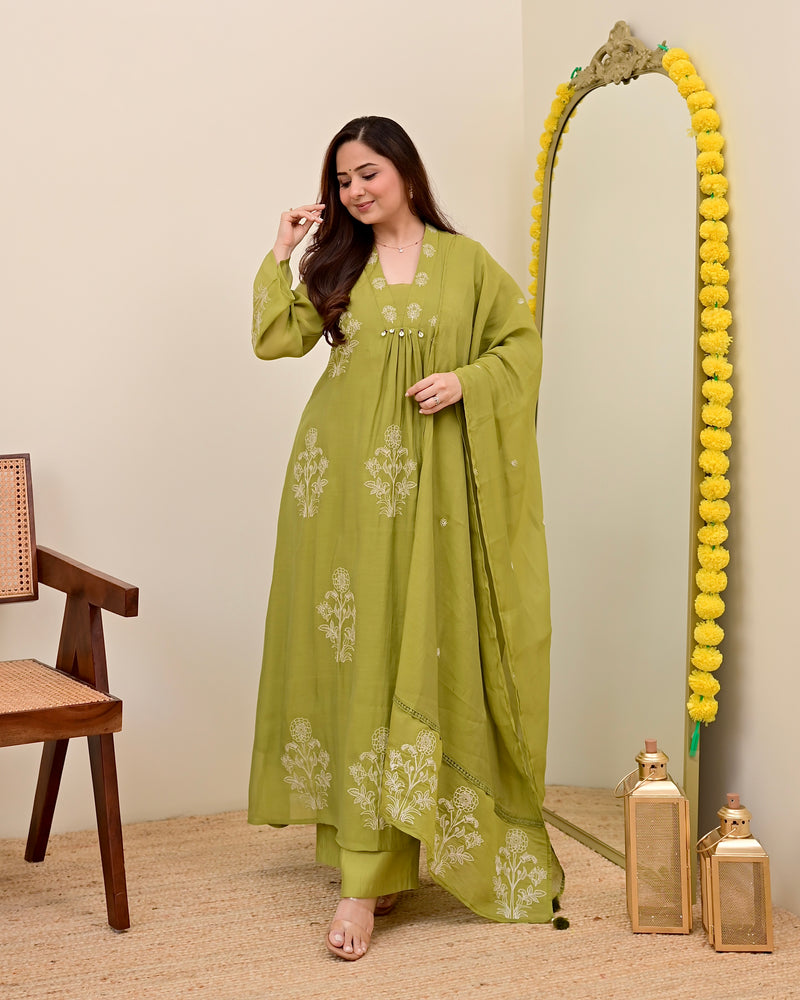 Olive Bloom Threadwork Mul Chanderi A Line Suit