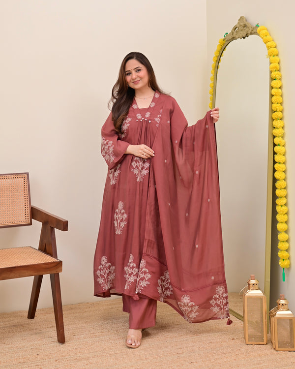 Mauve Muse Threadwork Mul Chanderi A Line Suit