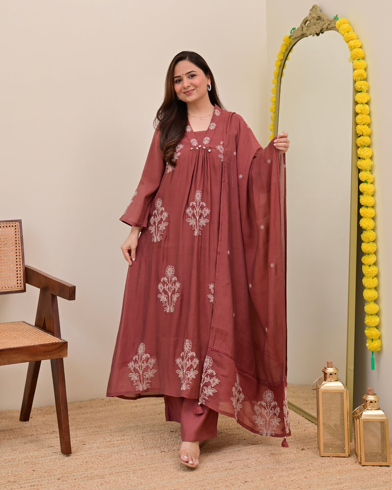 Mauve Muse Threadwork Mul Chanderi A Line Suit