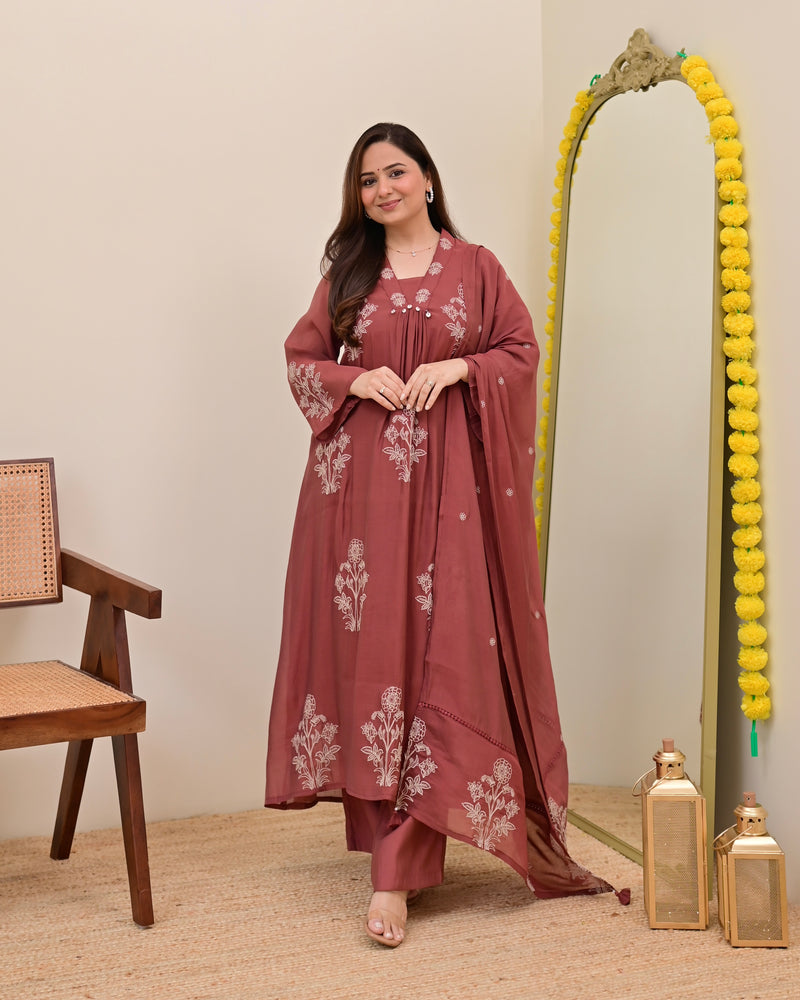 Mauve Muse Threadwork Mul Chanderi A Line Suit