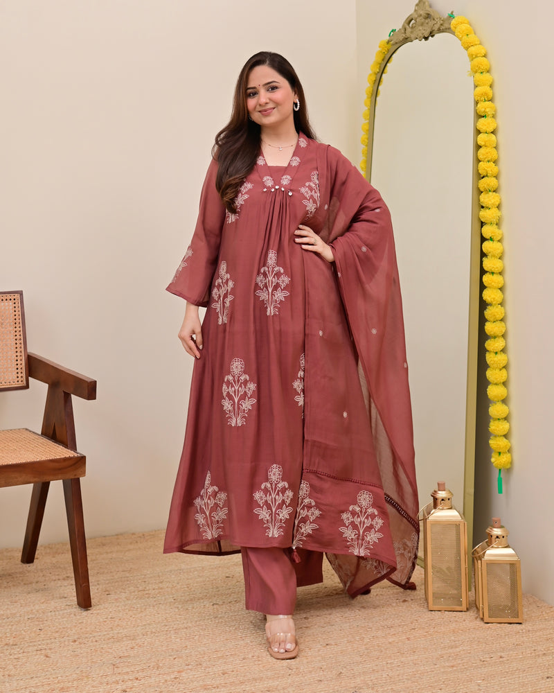 Mauve Muse Threadwork Mul Chanderi A Line Suit
