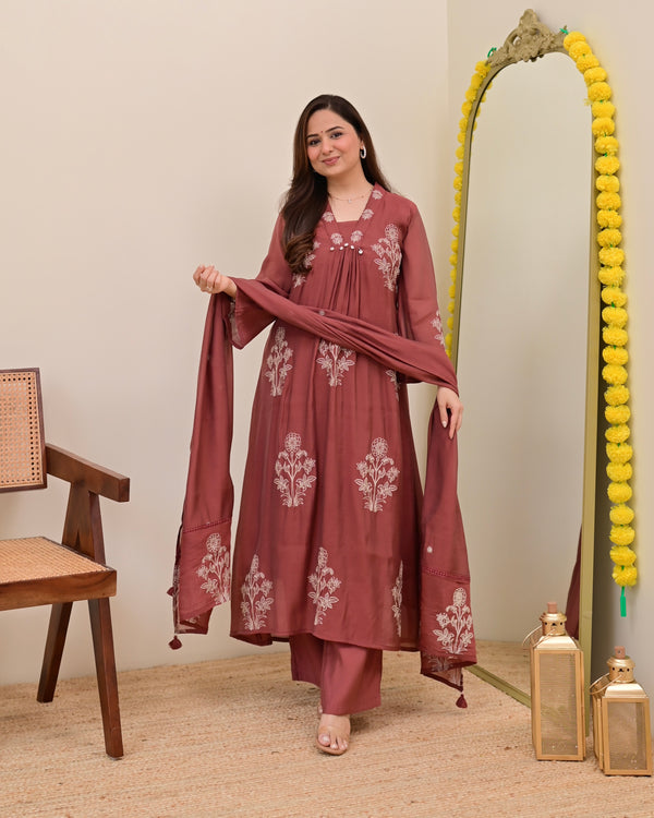 Mauve Muse Threadwork Mul Chanderi A Line Suit