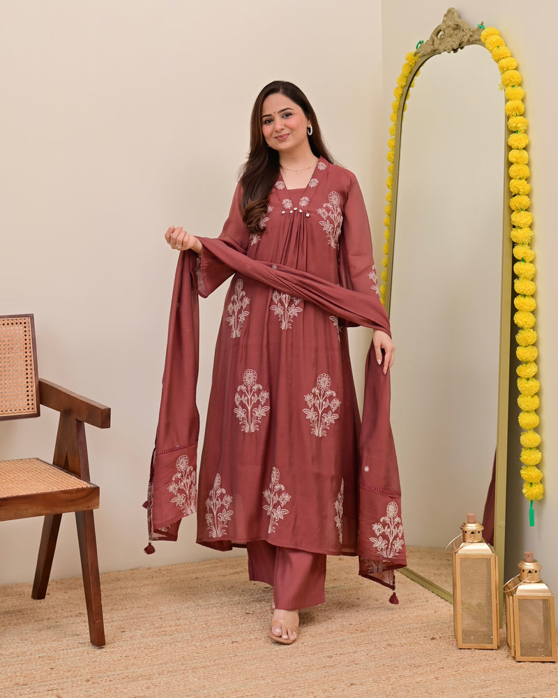 Mauve Muse Threadwork Mul Chanderi A Line Suit