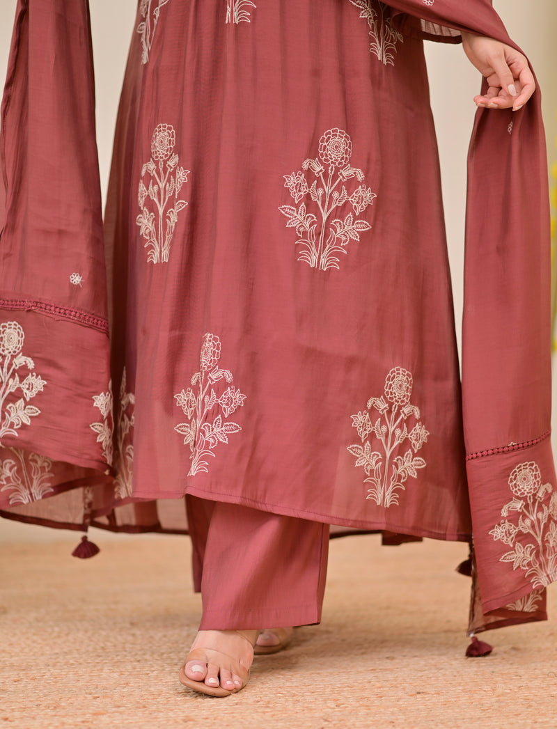 Mauve Muse Threadwork Mul Chanderi A Line Suit