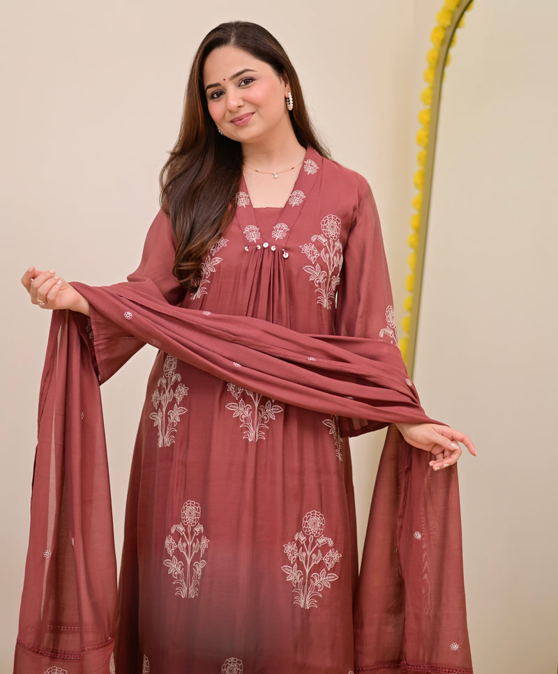 Mauve Muse Threadwork Mul Chanderi A Line Suit